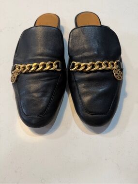 Tory Burch Black Leather Slip-On Loafers with Leather Sole